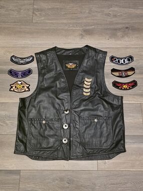 Vtg Harley-Davidson Leather Vest An American Legend HOG Patches/Pin Set Mens XL